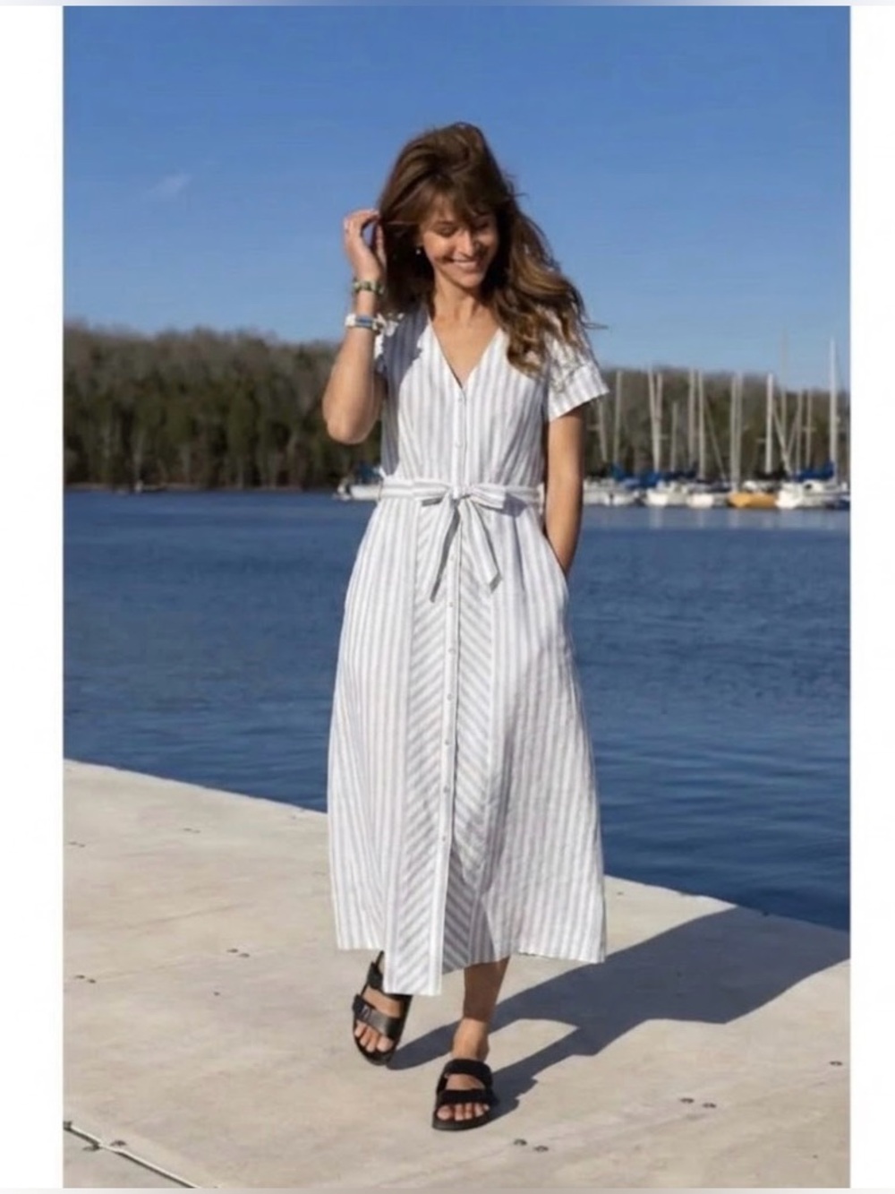 NWOT Liz Alig June Linen Shirt Maxi Dress White Gray Stripe Cinched Waist M 8 10